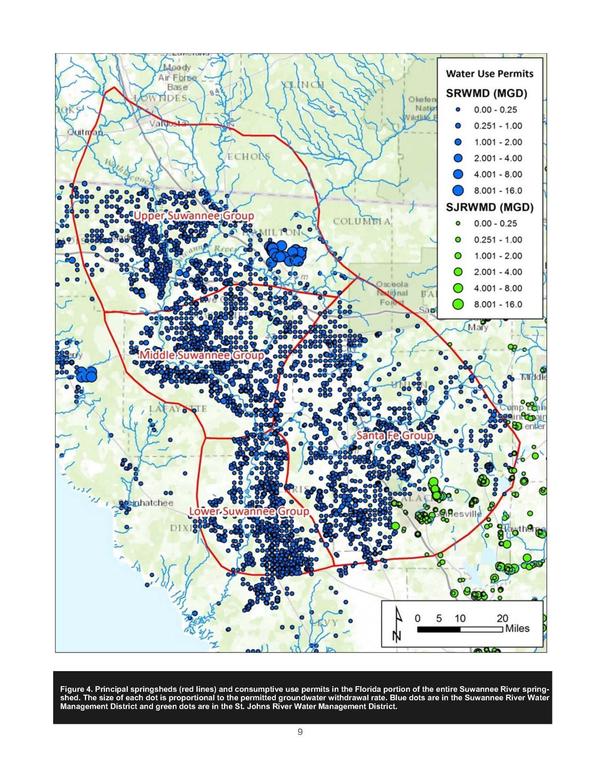 Fig. 4: Principal springsheds (red lines) + consumptive use permits (dots sized by withdrawal rate), Florida portion of Suwannee River springshed.