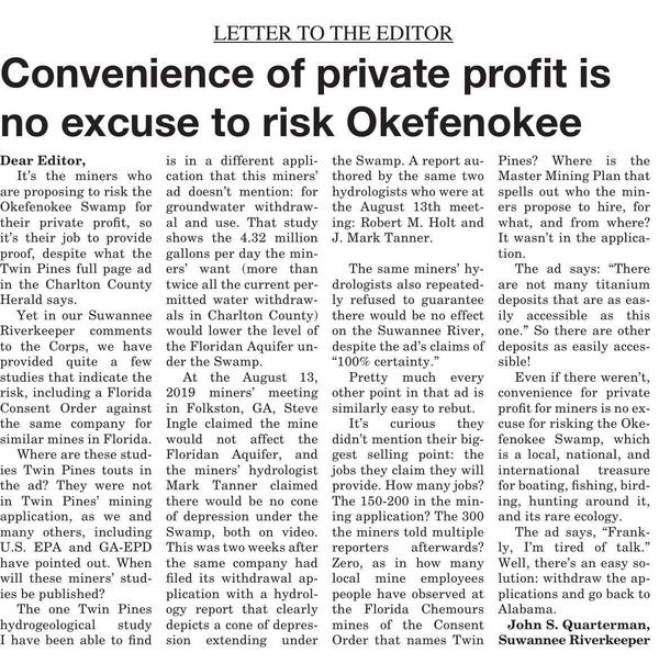 [Convenience of private profit is no excuse to risk Okefenokee --Suwannee Riverkeeper]