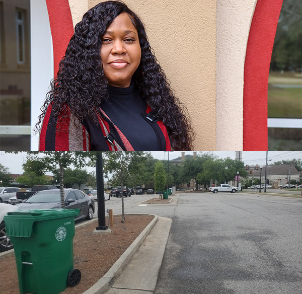 [Community Protections Manager Anetra Riley and trash cans in parking lot]
