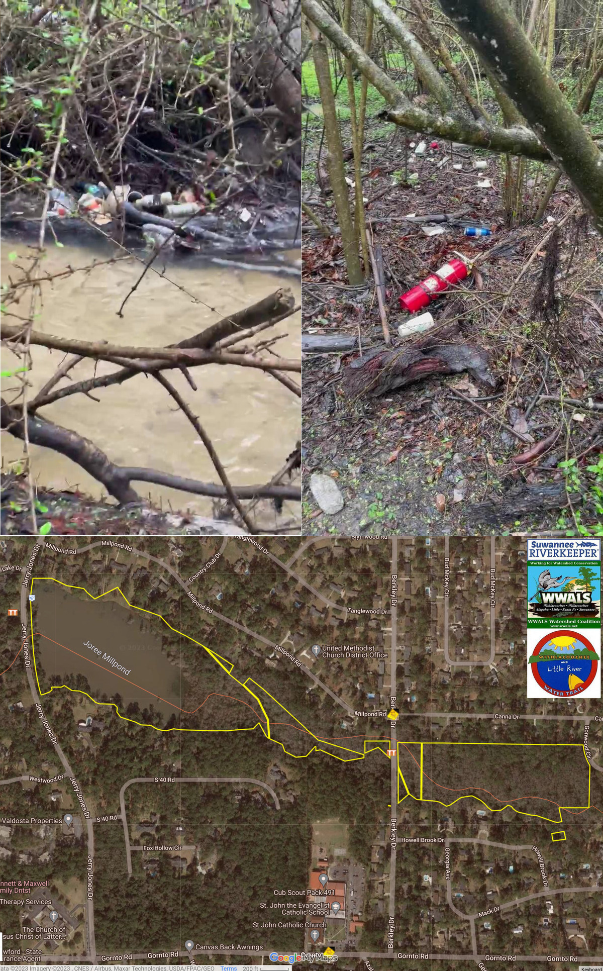 [Trash and fire extinguisher, Two Mile Branch 2023-02-11]