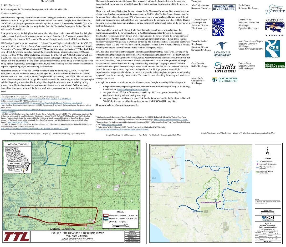 [GA Riverkeepers letter for Okefenokee Swamp against strip mine 2023-03-09]