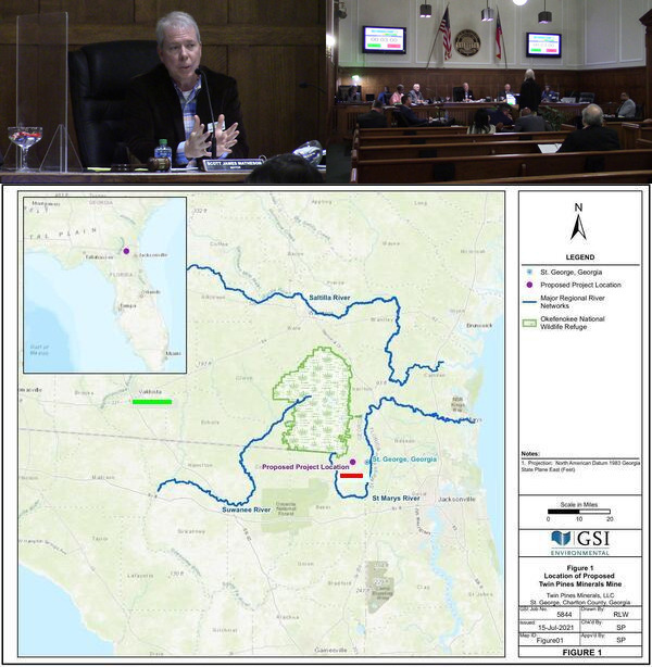[Valdosta Mayor Scott James Matheson; Suwannee Riverkeeper John S. Quarterman; Map: Okefenokee Swamp, Valdosta, mine site]