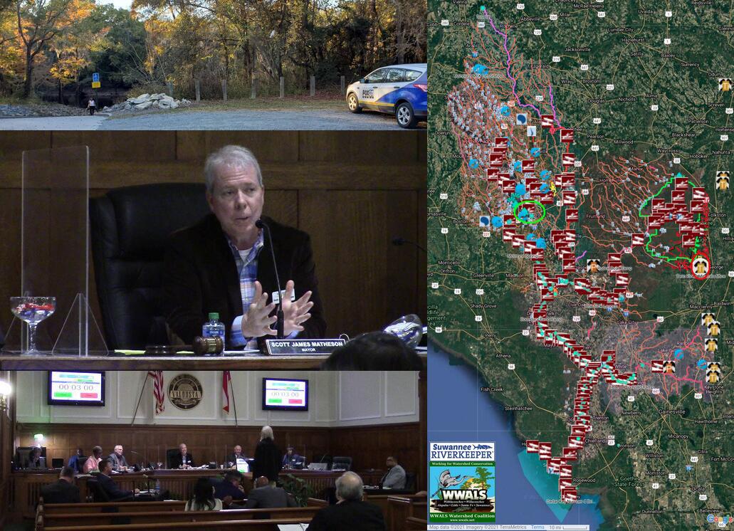 [Reporter, Mayor, Suwannee Riverkeeper, mine in Suwannee River Basin map]