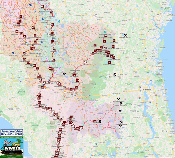 [Map: TPM Mine, Okefenokee Swamp, Suwannee River]